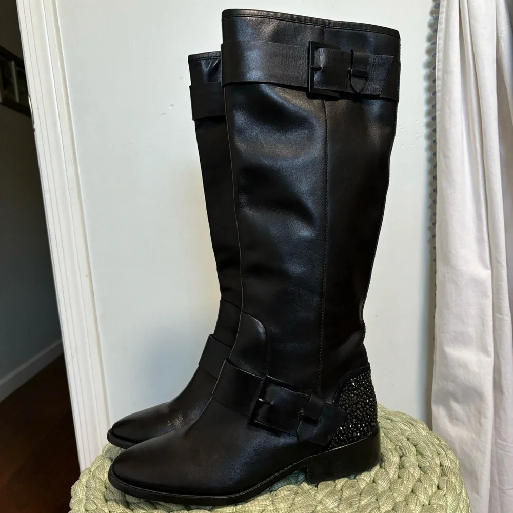 B Brian Atwood Dita Crystal Heel Black Leather Tall Moto Flat Boots
